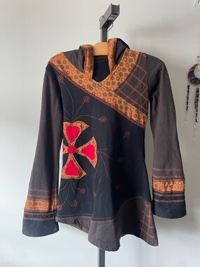 Vintage 100% Cotton Boho Artisan Patchwork Hooded Tunic Longline Hoodie Nepal